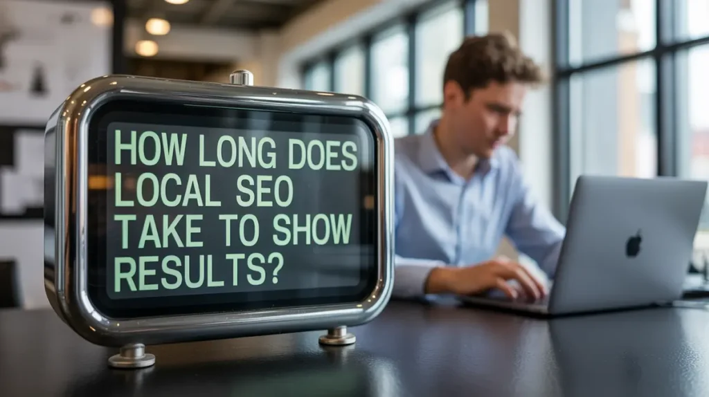Digital display showing "how long does local SEO take to show results" with a professional reviewing local rankings on