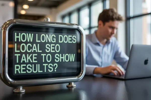 Digital display showing "how long does local SEO take to show results" with a professional reviewing local rankings on
