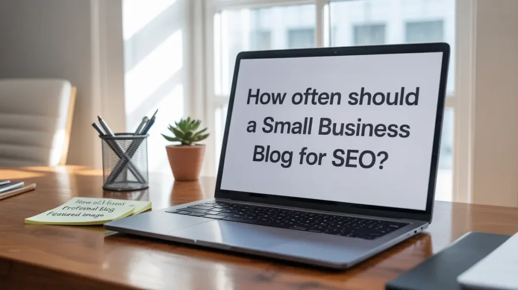 Laptop displaying 'How often should a Small Business Blog for SEO?' to illustrate blogging frequency for SEO