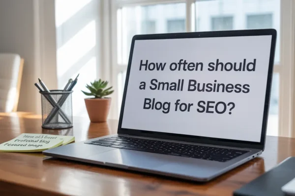 Laptop displaying 'How often should a Small Business Blog for SEO?' to illustrate blogging frequency for SEO