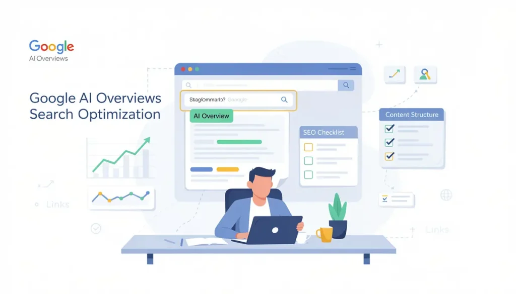 SEO professional optimizing for Google AI Overviews, viewing search results with AI Overview panel, SEO checklist and