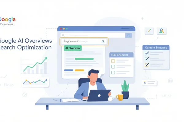 SEO professional optimizing for Google AI Overviews, viewing search results with AI Overview panel, SEO checklist and