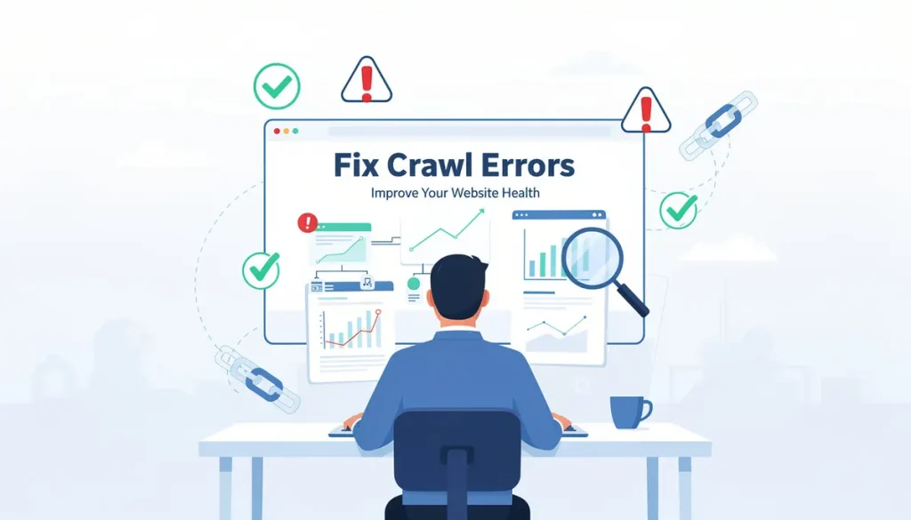 SEO professional reviewing website analytics and crawl errors on multiple monitors to fix indexing issues and improve