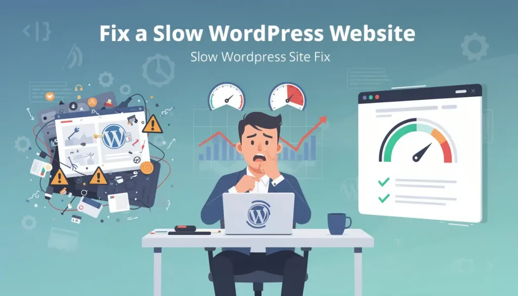 Troubleshooting a slow WordPress site: concerned user reviews performance metrics beside graphics contrasting issues