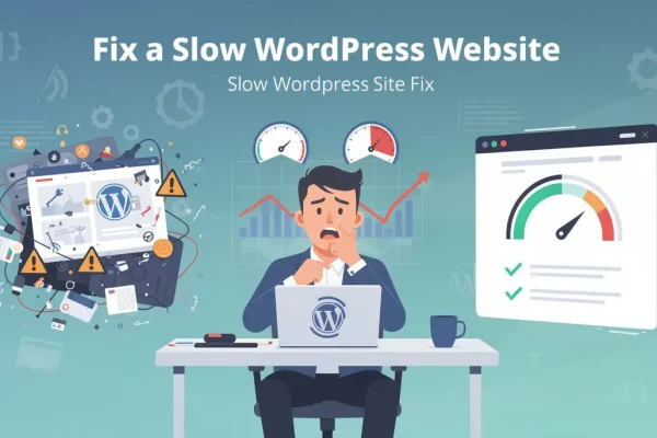 Troubleshooting a slow WordPress site: concerned user reviews performance metrics beside graphics contrasting issues