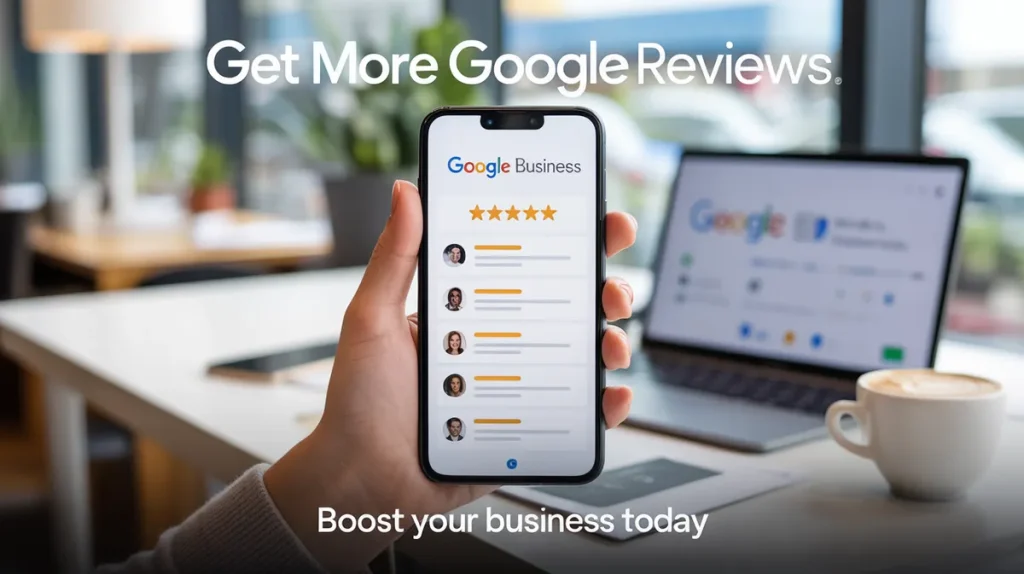 Smartphone showing five-star Google Business reviews beside laptop with business profile, demonstrating how to get more