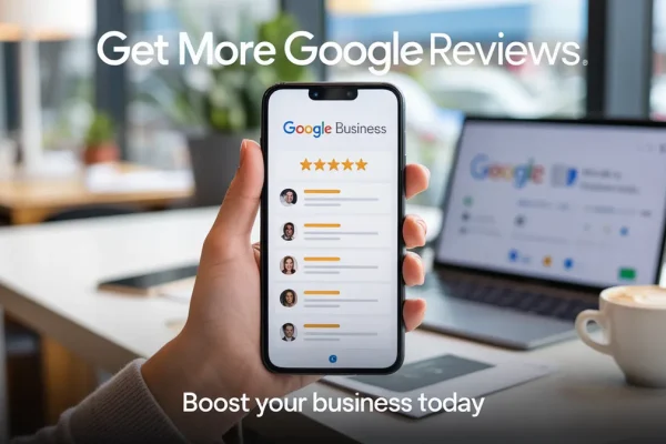 Smartphone showing five-star Google Business reviews beside laptop with business profile, demonstrating how to get more