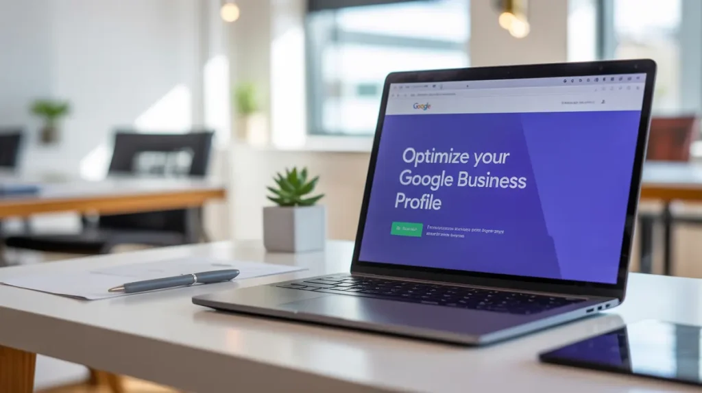 Modern laptop displaying Google Business Profile optimization strategies on its screen, placed on a clean white desk in
