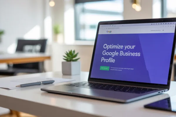 Modern laptop displaying Google Business Profile optimization strategies on its screen, placed on a clean white desk in