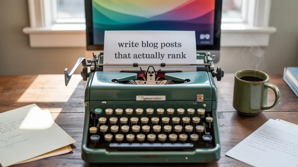 Vintage typewriter with paper reading "write blog posts that actually rank," symbolizing SEO writing and content
