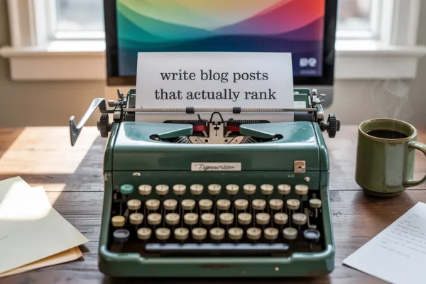 Vintage typewriter with paper reading "write blog posts that actually rank," symbolizing SEO writing and content