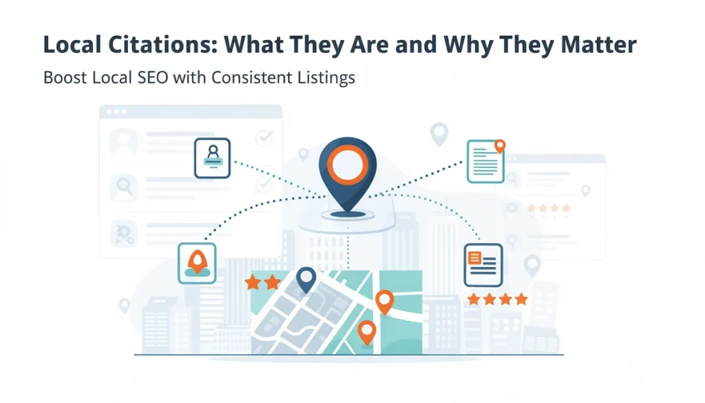 Local citations SEO diagram with central map pin connected to consistent business profiles, directories and review