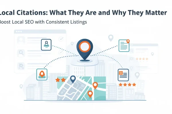 Local citations SEO diagram with central map pin connected to consistent business profiles, directories and review