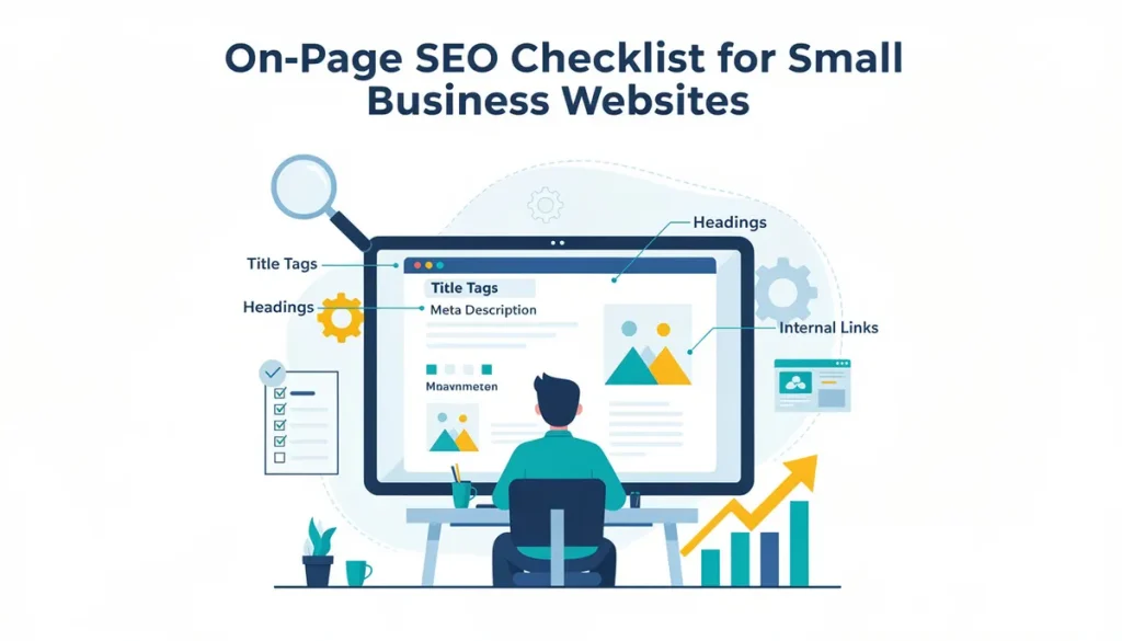 Screen displaying on-page SEO checklist for small business websites featuring title tags, meta descriptions, headings