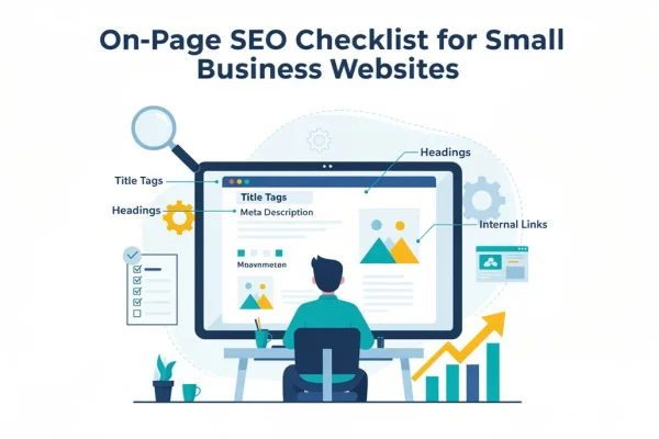 Screen displaying on-page SEO checklist for small business websites featuring title tags, meta descriptions, headings