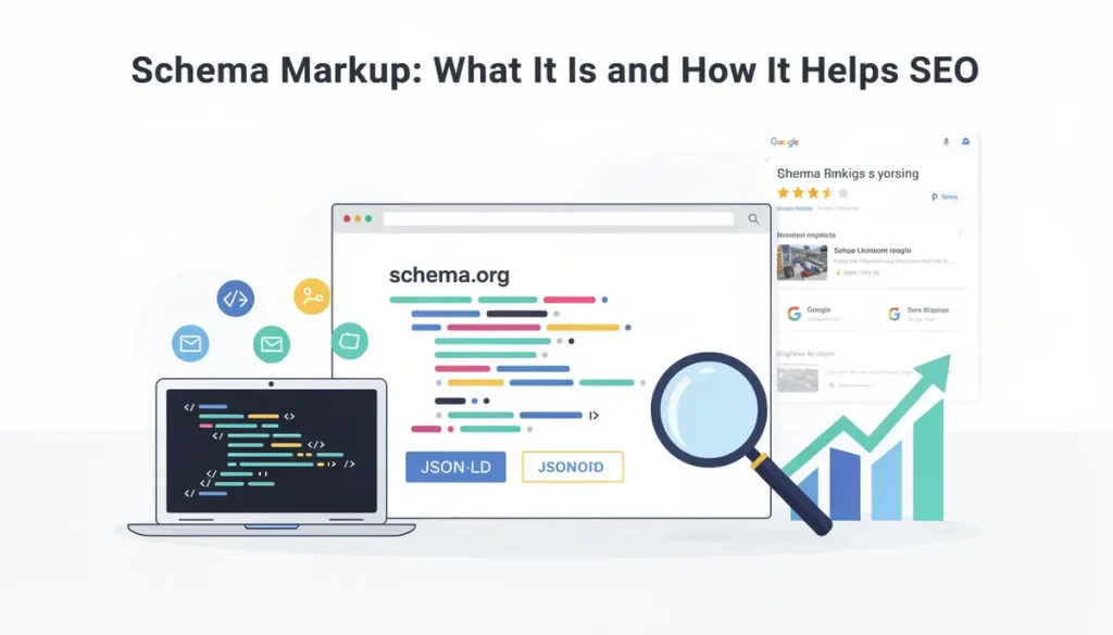 Schema markup implementation via JSON-LD on schema.org, generating rich search results and driving measurable SEO