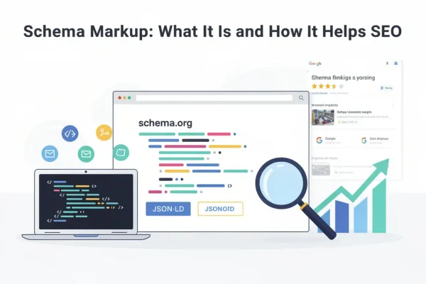 Schema markup implementation via JSON-LD on schema.org, generating rich search results and driving measurable SEO