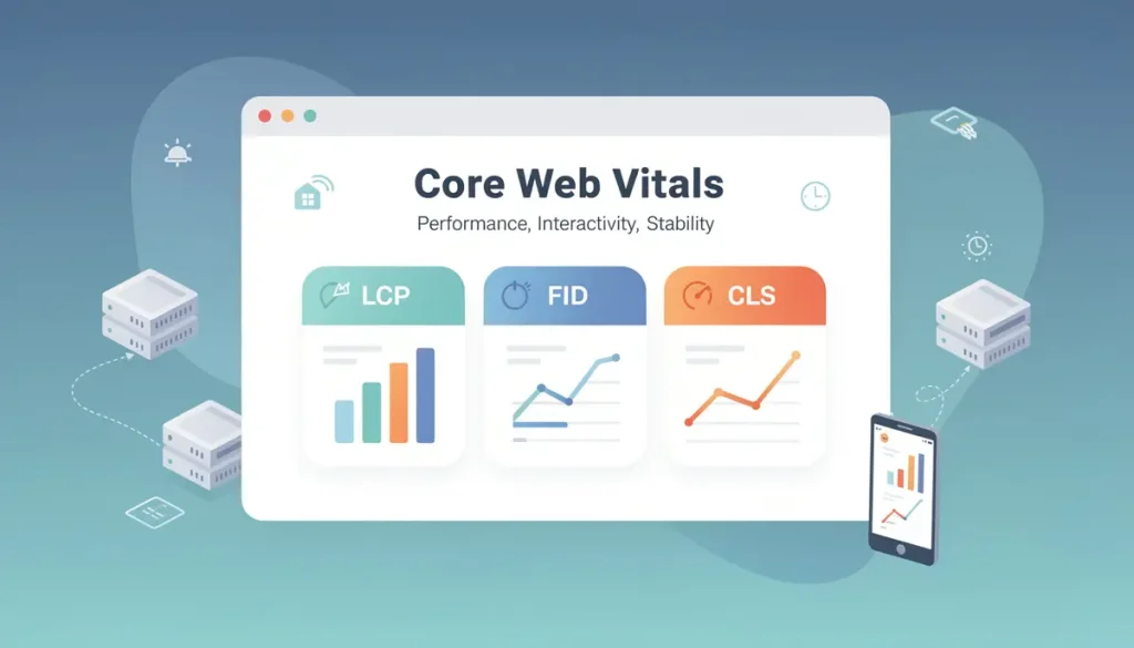Dashboard illustrating Core Web Vitals metrics LCP, FID and CLS with performance charts for website speed and stability