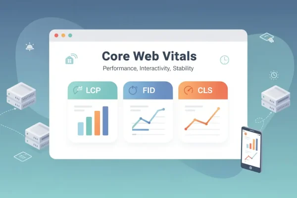 Dashboard illustrating Core Web Vitals metrics LCP, FID and CLS with performance charts for website speed and stability