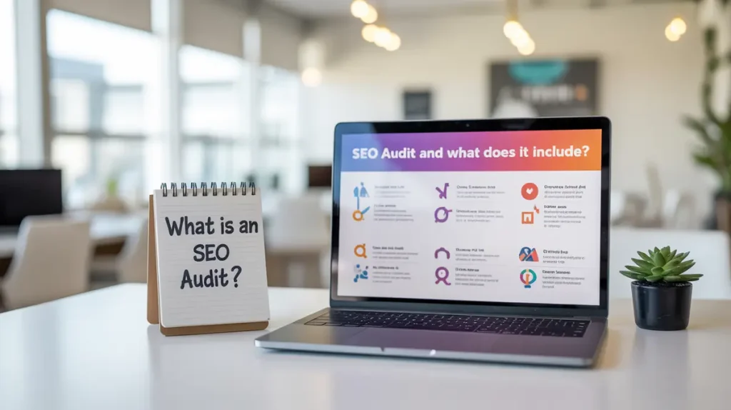 Laptop displaying SEO audit elements like technical SEO and website analysis beside a notepad asking what is an SEO