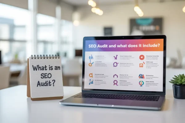 Laptop displaying SEO audit elements like technical SEO and website analysis beside a notepad asking what is an SEO