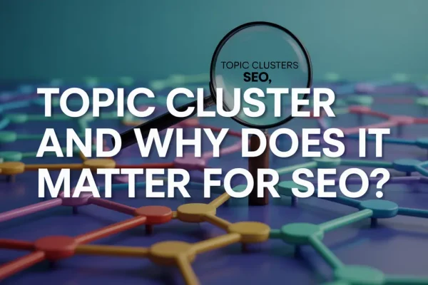 Network diagram of connected nodes with magnifying glass highlighting topic clusters SEO for content strategy and